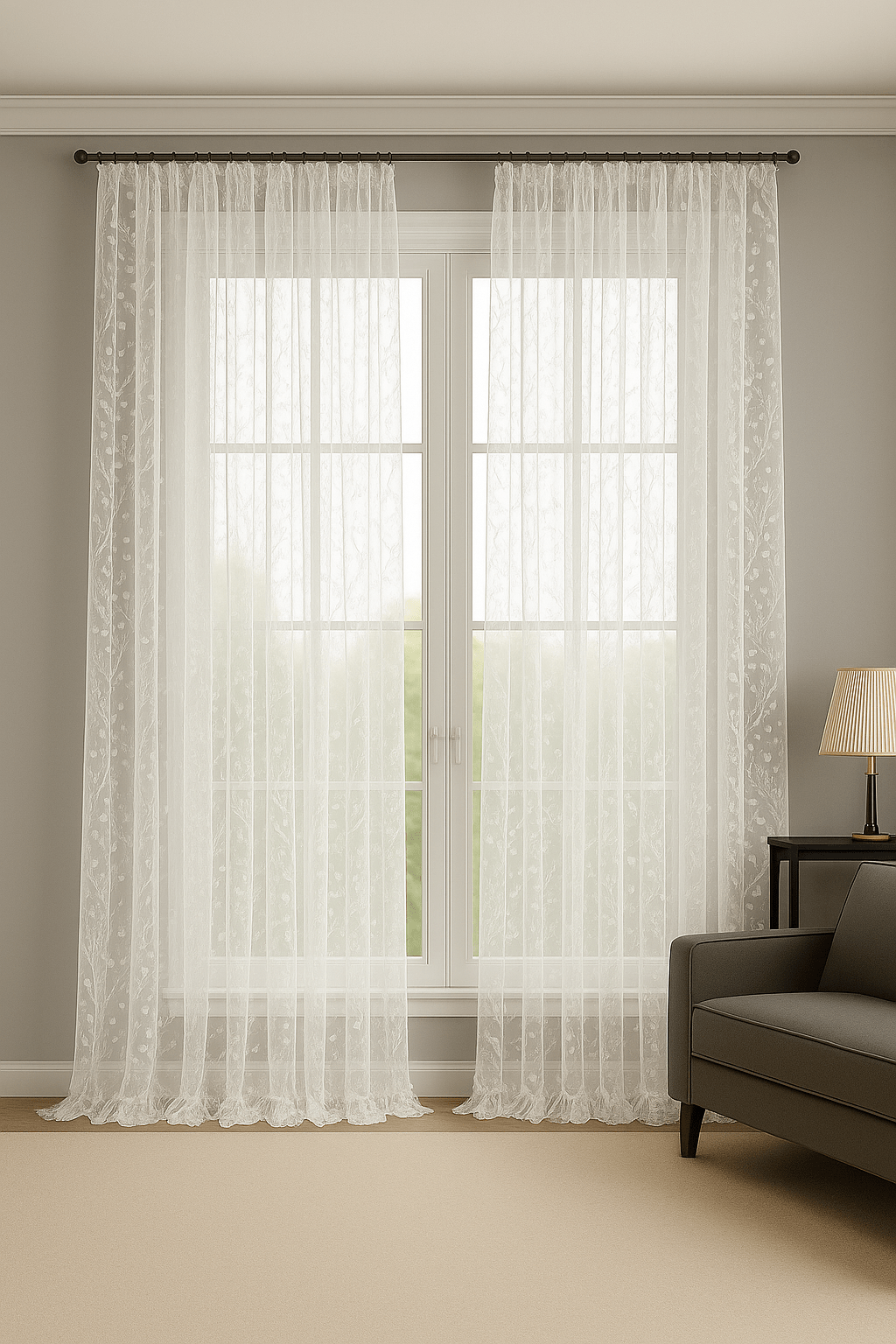 Rideau Voilage - Brodé Fleurs Blanc / 1pc 100x130cm / Œillets