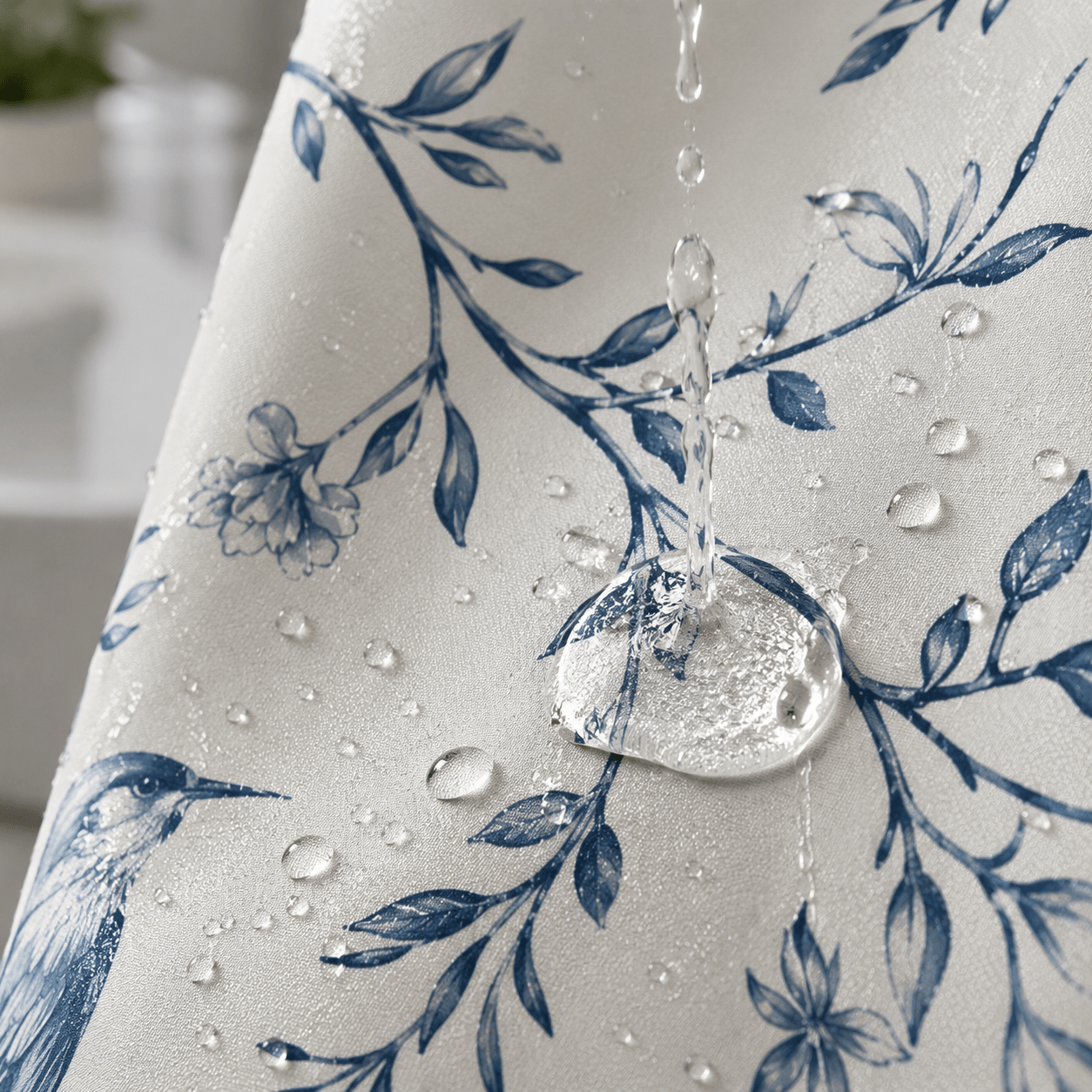 Rideau de Douche - Bleu Floral Oiseaux