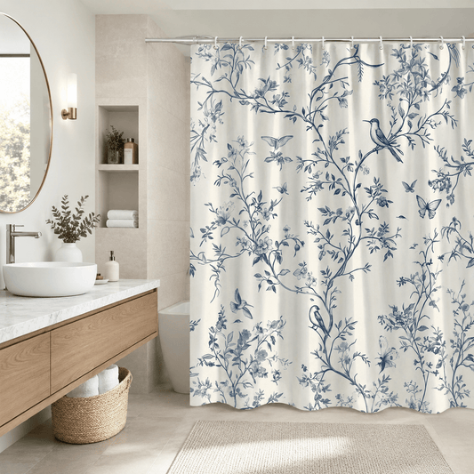 Rideau de Douche - Bleu Floral Oiseaux