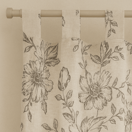 Rideau en Lin - Ombres Florales Noir Noir / 1pc 150x120cm / Passe-Tringle