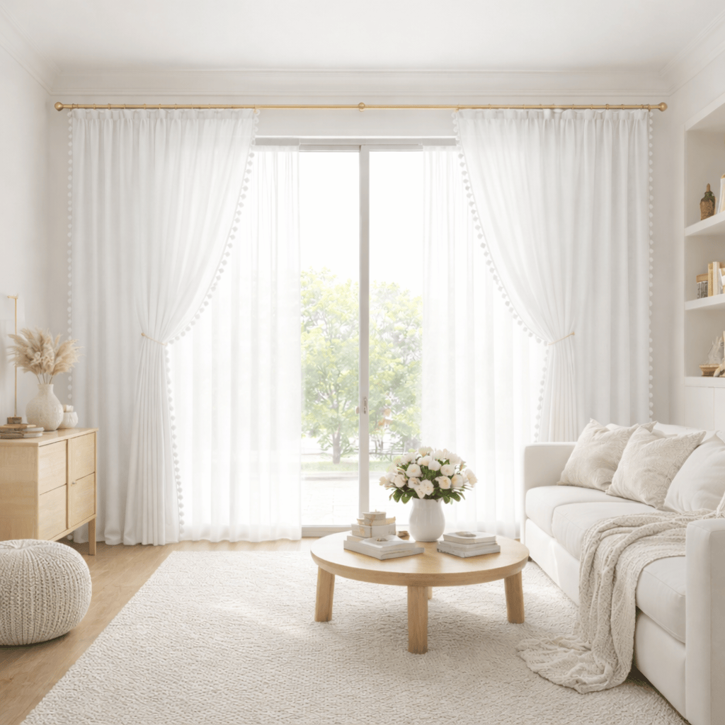 Rideau Tamisant - Pompons Effet Lin Blanc