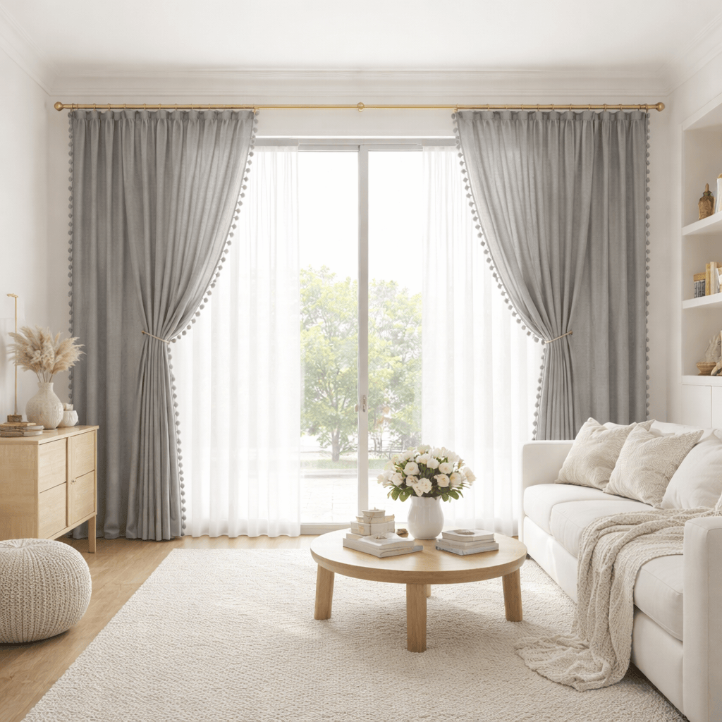 Rideau Tamisant - Pompons Effet Lin Gris