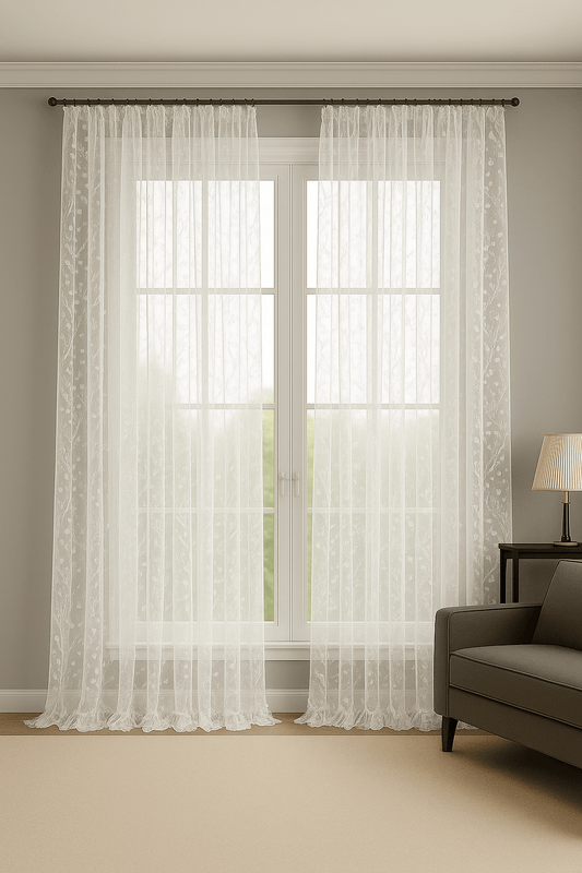 Rideau Voilage - Brodé Fleurs Blanc / 1pc 100x130cm / Œillets