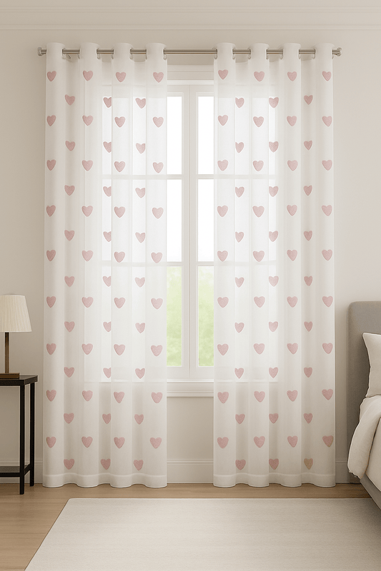 Rideau Voilage - Cœurs Roses Blanc / 1pc 100x180cm / Passe-Tringle